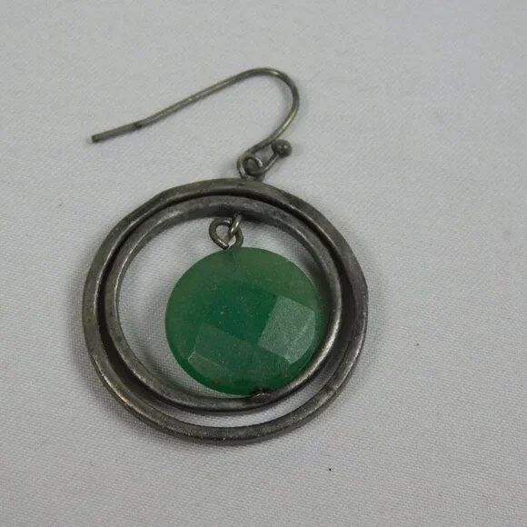 Silver Tone Double Ring Green Bead Dangle Fashion Earrings 1" Diameter Round - Picture 5 of 9
